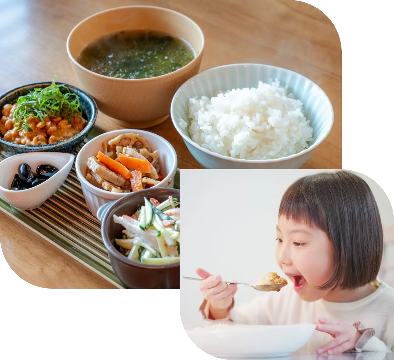 小さな女の子がご飯の入ったボウルを食べている様子。