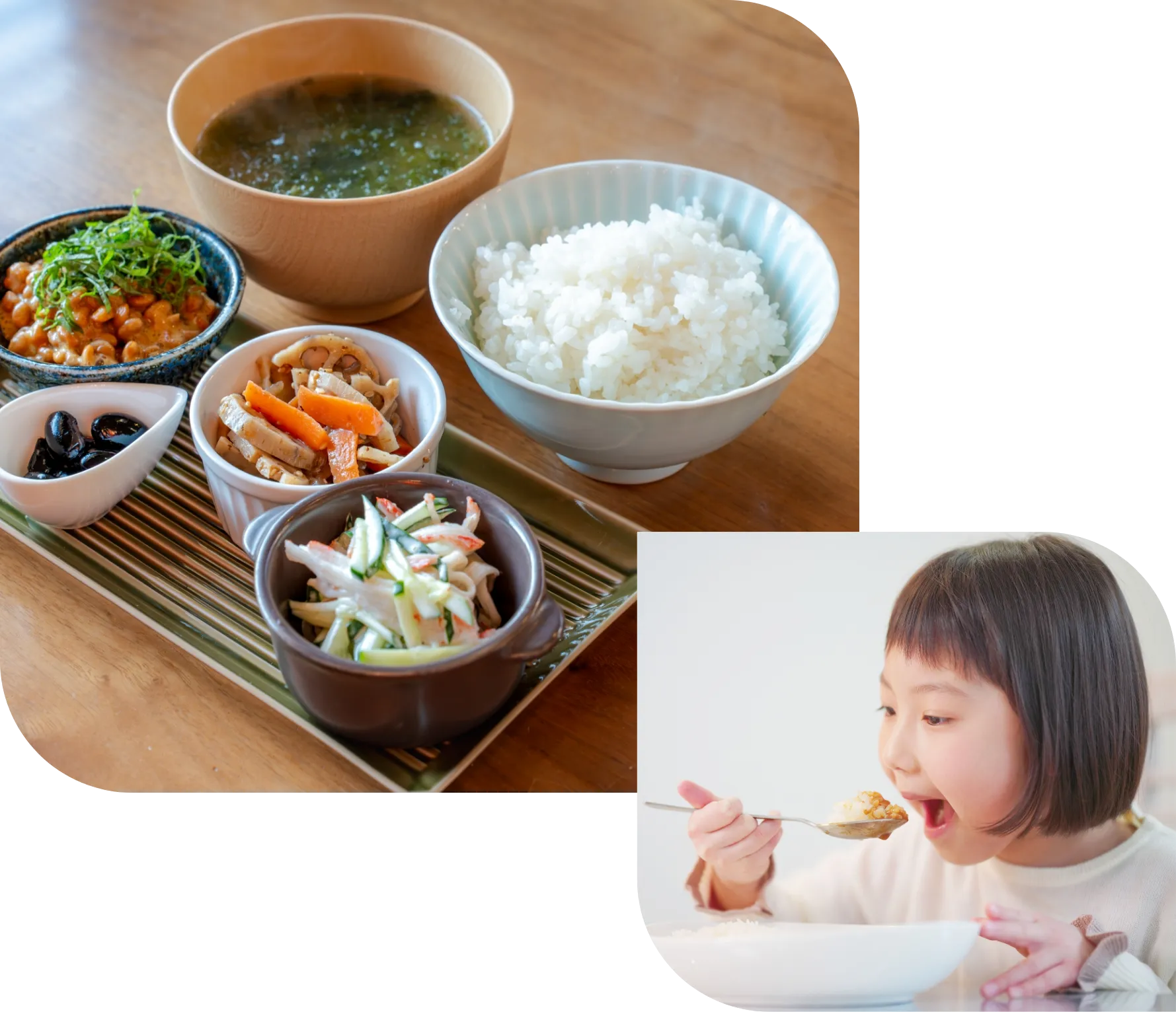 小さな女の子がご飯の入ったボウルを食べている様子。